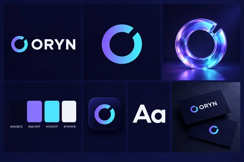 ORYN brand board with the ring mark, the 3D glass ring, the palette and the app icon