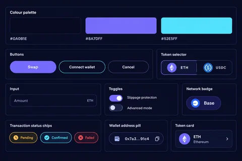 ORYN design system sheet with colours, buttons, token selector, inputs and transaction states