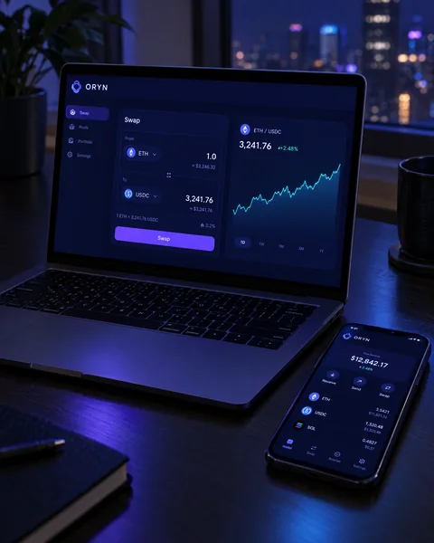 The ORYN swap app on a laptop at night, with the wallet on a phone beside it