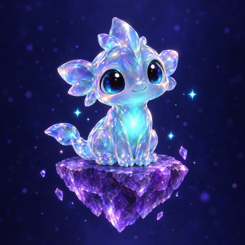 Driftling art: a glass creature with a glowing cyan core on a violet crystal rock