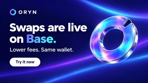 ORYN social graphic: Swaps are live on Base. Lower fees. Same wallet.