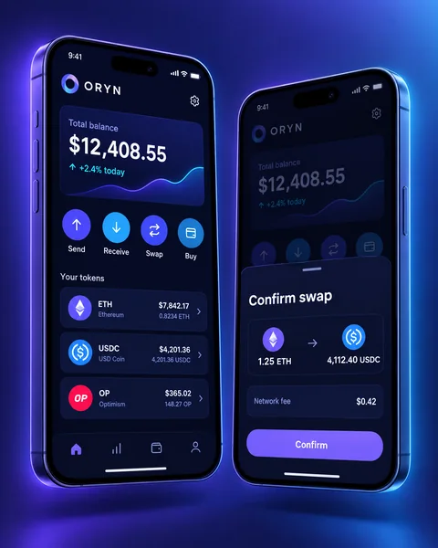 ORYN mobile wallet on two phones: the balance and token list, and the swap confirmation
