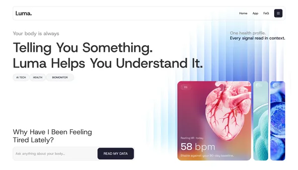 Luma landing page hero with the heart card and the health question box