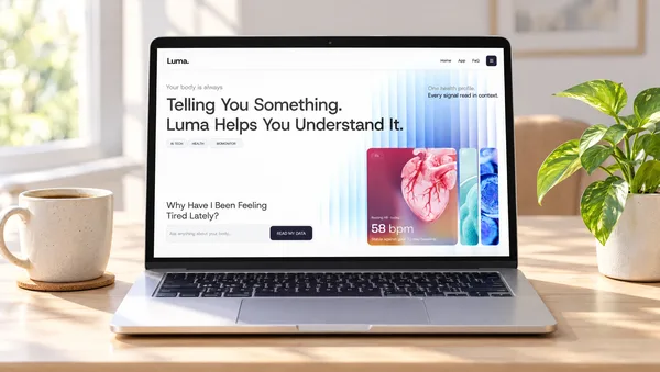 The Luma landing page on a laptop on a sunny desk
