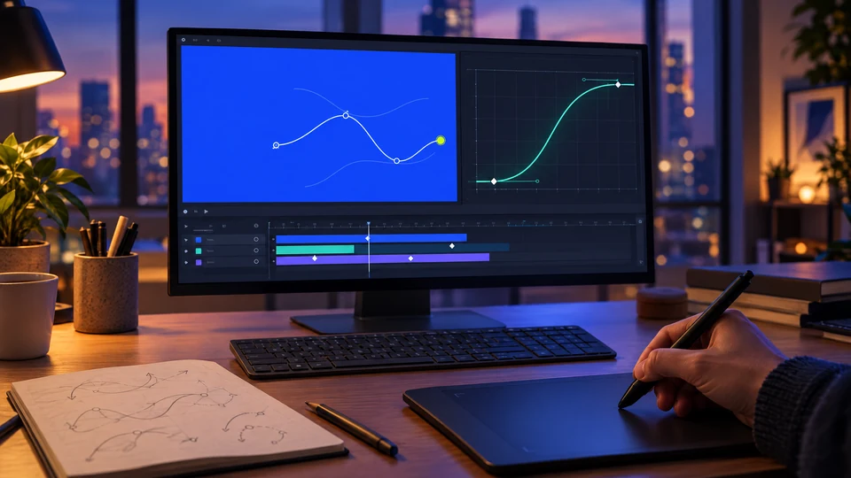 A motion designer’s desk with a graph editor and a blue artboard on screen