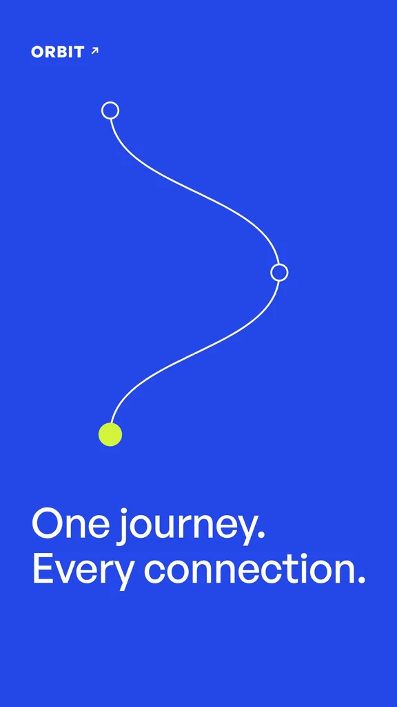 ORBIT story loop: the dot drops from stop to stop, One journey. Every connection.