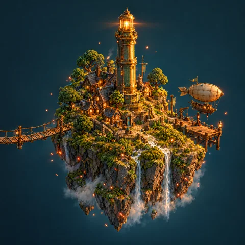 A floating sky island with a brass lighthouse, modelled in 3D