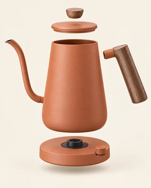Exploded 3D view of the HOLM clay pour-over kettle: knob, lid, body, handle and heating base