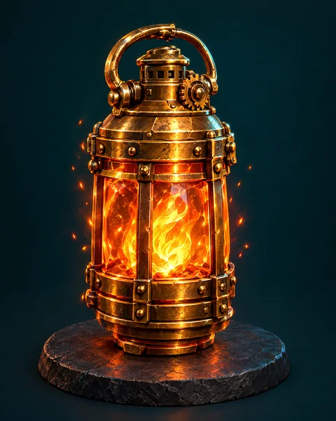 A brass ember lantern in 3D