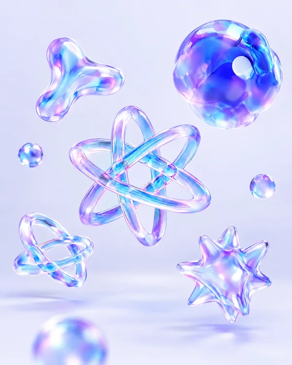 Opal Interactive key visual, 3D glass forms on lilac