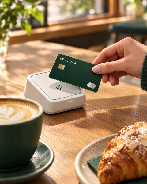 A hand tapping the green ALDER card on a card terminal in a café