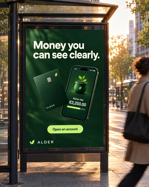 ALDER street poster at a bus shelter: Money you can see clearly