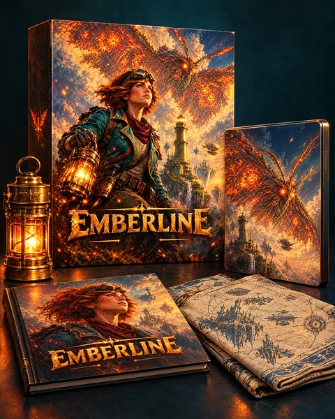 EMBERLINE collector’s edition: the box, the art book, the steelbook, a cloth map and a lantern replica
