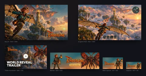 EMBERLINE launch pieces: key art, in-game HUD, trailer thumbnail, store banner and two capsules