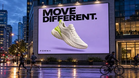 The FORMA ad on a building billboard at dusk: Move different., with the knit running shoe