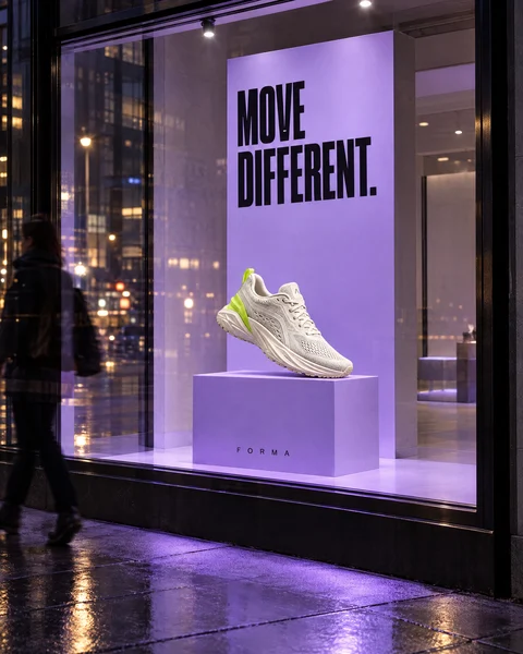 A FORMA store window at night: the shoe on a lilac plinth under the Move different. poster