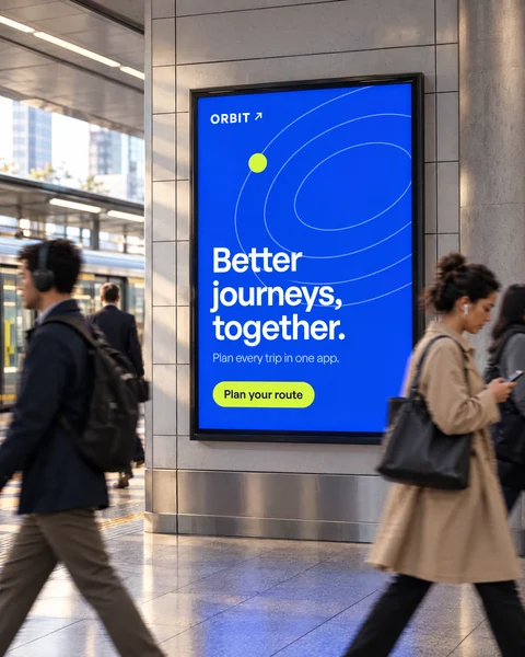 The ORBIT spring ad on a station screen as commuters walk past: Better journeys, together.