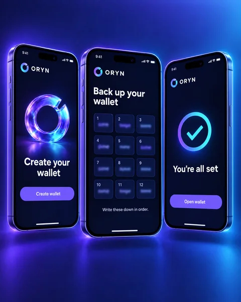 ORYN wallet onboarding on three phones: create your wallet, back it up and you’re all set