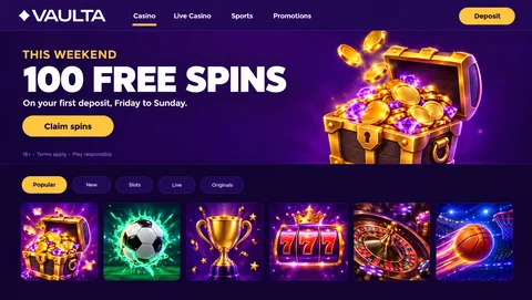 VAULTA casino lobby with the 100 Free Spins banner, a treasure chest of gold coins and the game rows