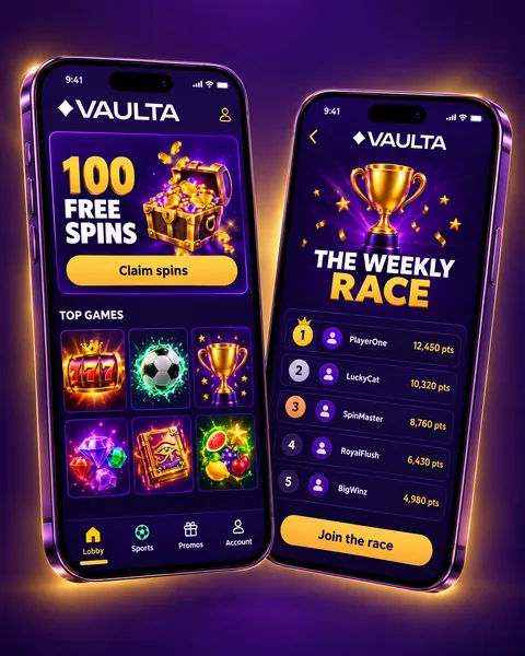 VAULTA on two phones: the lobby with the free spins card and the Weekly Race leaderboard