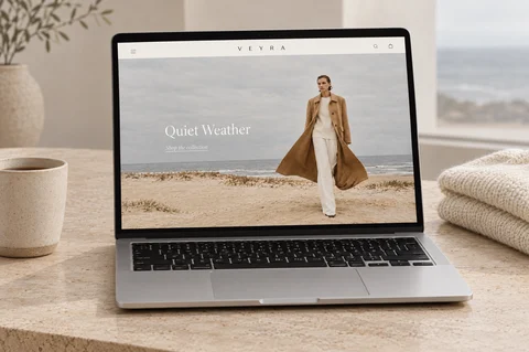 The VEYRA store homepage on a laptop: Quiet Weather, the camel coat on the dune