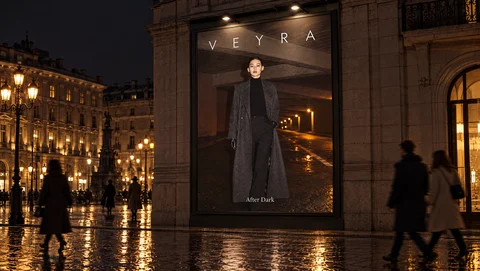 A VEYRA billboard on a city square at night: After Dark, a model in a long charcoal coat