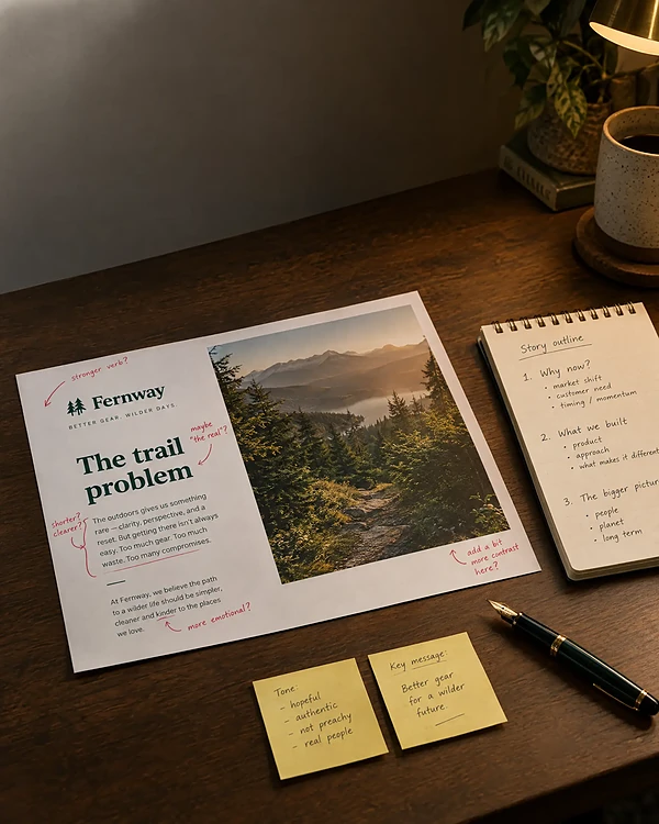 A printed Fernway slide with red-pen copy edits beside a story outline and sticky notes