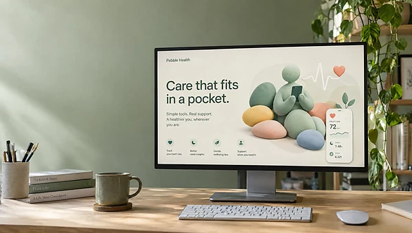 A studio monitor showing a Pebble Health slide built around a custom soft 3D illustration
