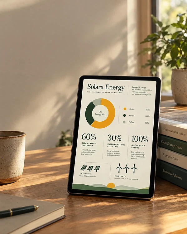 A tablet on an oak desk showing a Solara Energy infographic slide with a donut chart