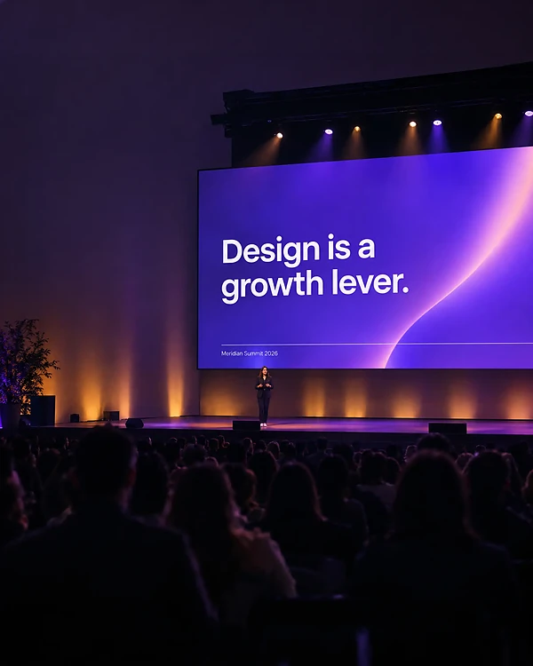 A conference stage with a violet keynote slide, Design is a growth lever.