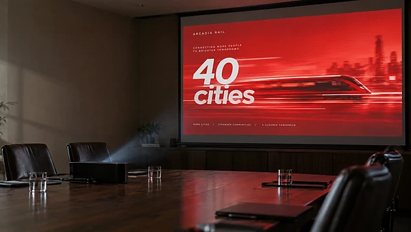 A boardroom projector showing an Arcadia Rail slide mid-transition, 40 cities