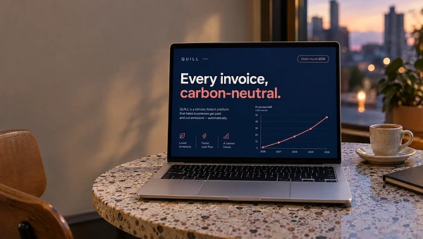 A laptop on a café table showing a pitch deck slide for QUILL, Every invoice, carbon-neutral.