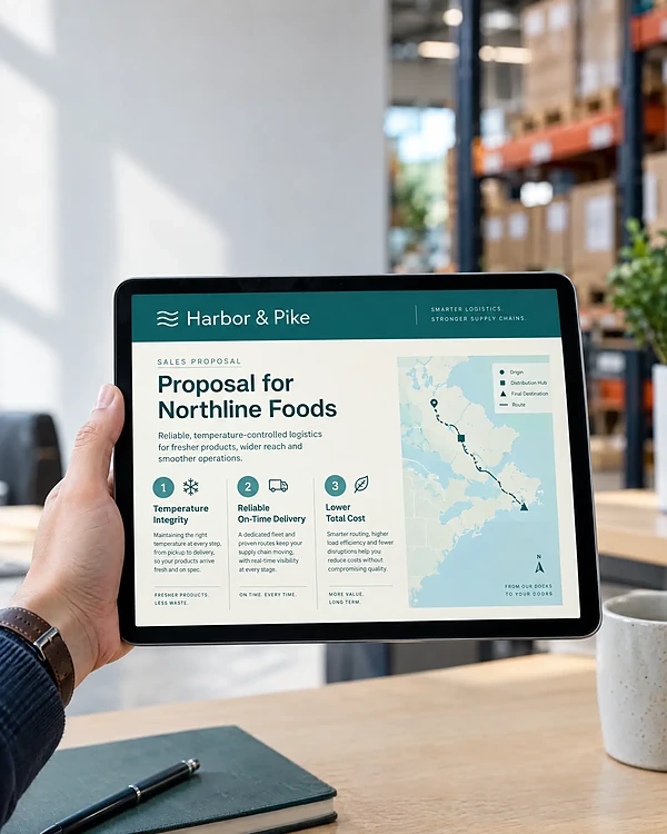 A tablet in a warehouse office showing a Harbor & Pike sales proposal with a route map