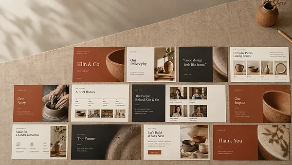 Twelve printed Kiln & Co master slides laid out on a linen table as one template family
