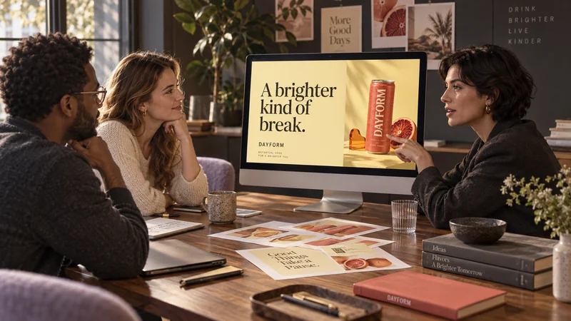 A team reviewing a DAYFORM creative direction on screen