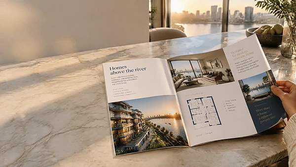 Open property brochure on a marble kitchen island at sunset