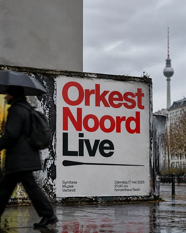 Large red and black orchestra poster on a rainy city poster wall
