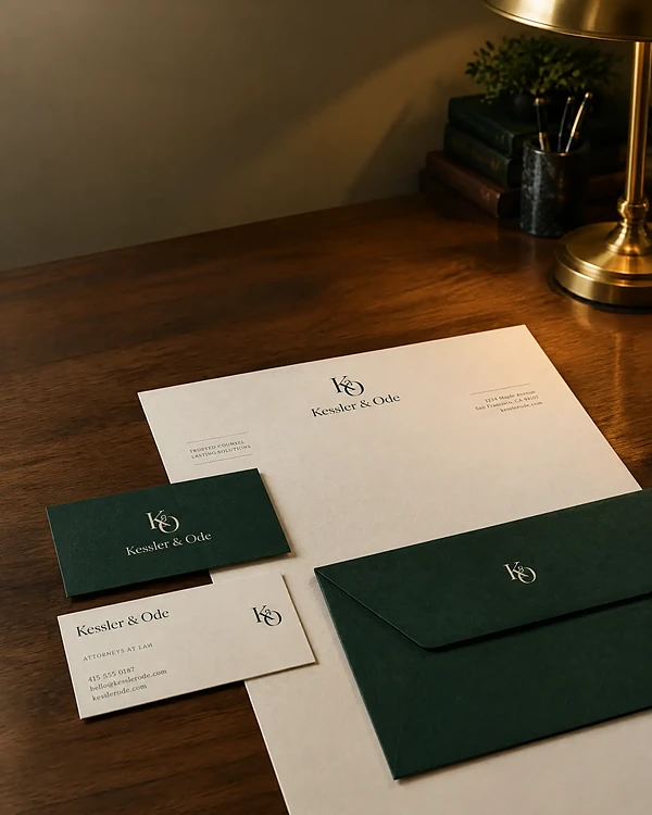 Green and cream letterpress business cards and letterhead for a law firm