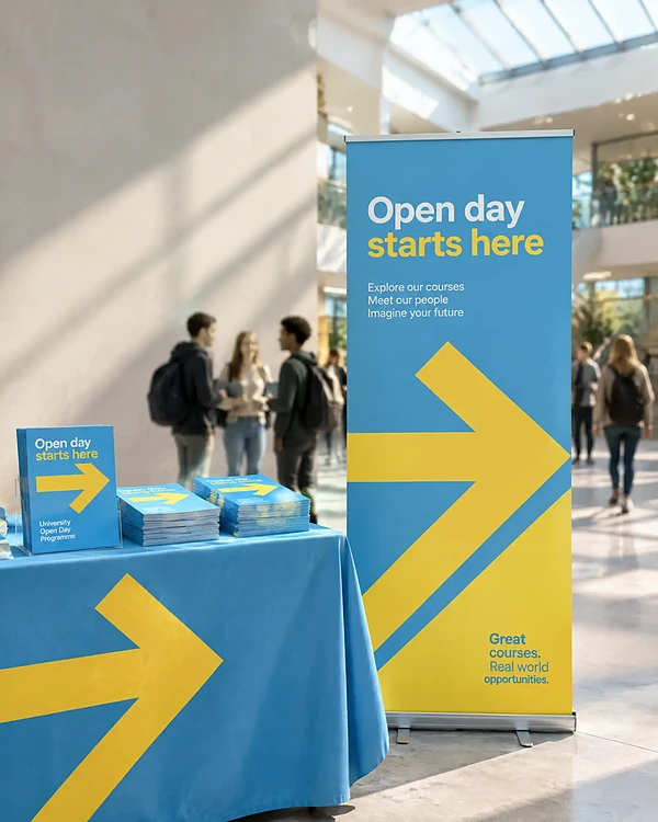 University open day roll-up banner and programmes in an atrium