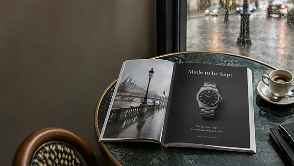 Full-page watch ad in a magazine on a rainy café table