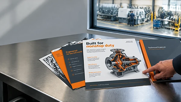 Printed sell sheets and proposal for an industrial pump maker on a factory table