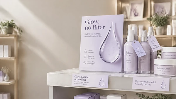 Lilac skincare counter card, shelf talkers and tags in a beauty store