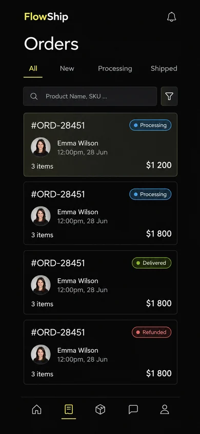 FlowShip orders list on a phone