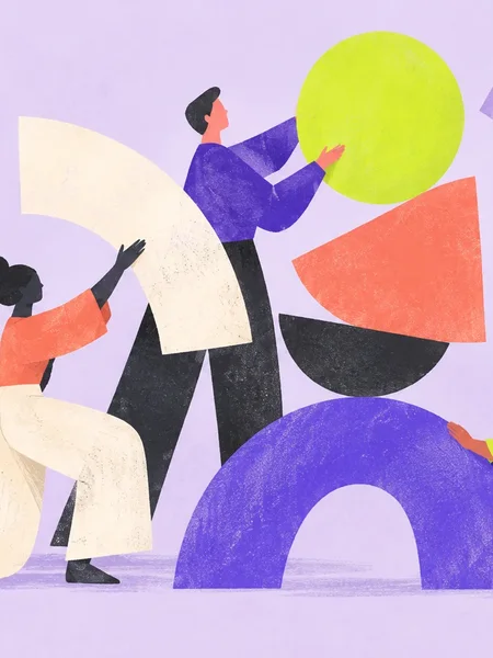 Brand illustration of two people lifting a lime circle