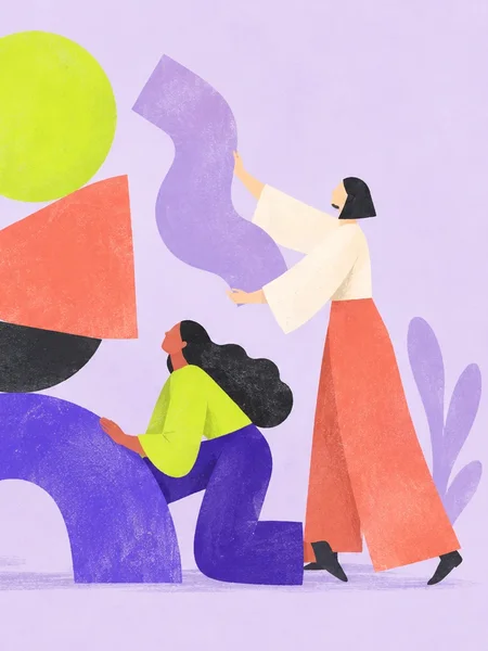 Brand illustration of two people with paper shapes
