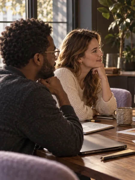 Two people at a table going through handwritten notes