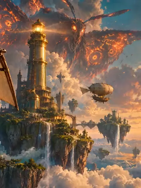 EMBERLINE key art in motion: the lighthouse, the airship and the ember moth in the clouds