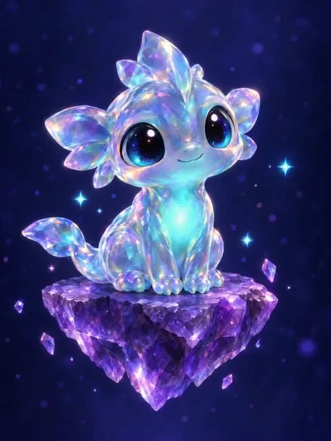 A Driftling, the glowing glass creature of the ORYN collection, on a floating amethyst rock