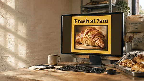 Monitor in a bakery office showing a bold square social post