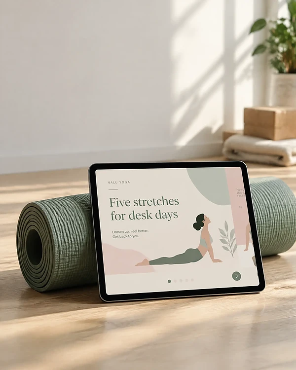 Tablet in a yoga studio showing the first slide of a social carousel
